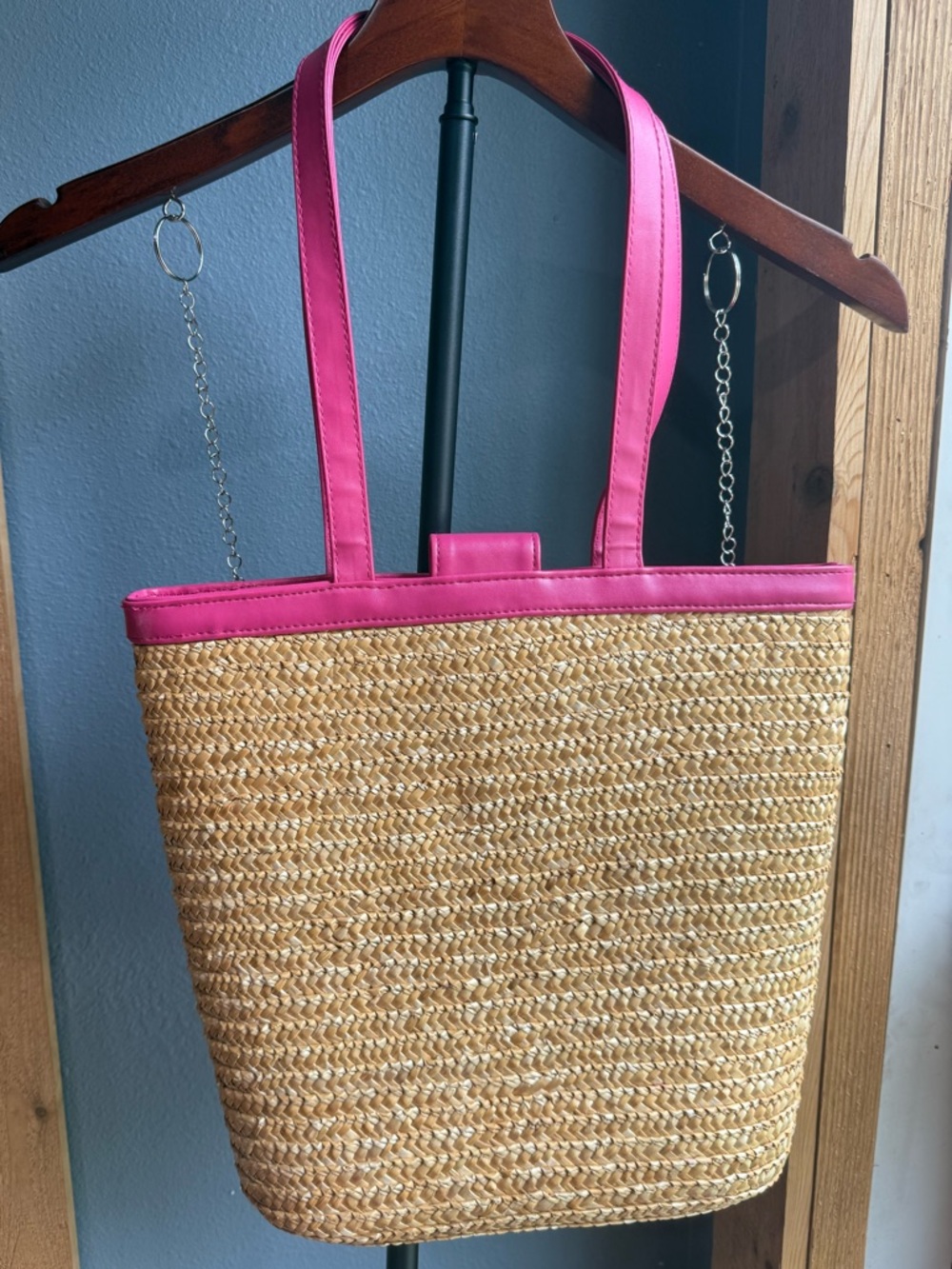 Straw Tote Bag Pink Floral Embroidered Beach Purse Boho Summer Shoulder Bag - Picture 6 of 12
